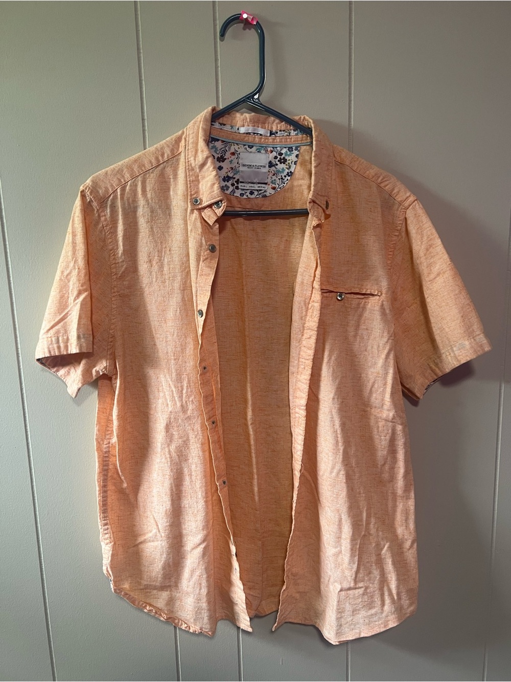 Denim & Flower Peach Short-Sleeve Button-Down with Floral Trim